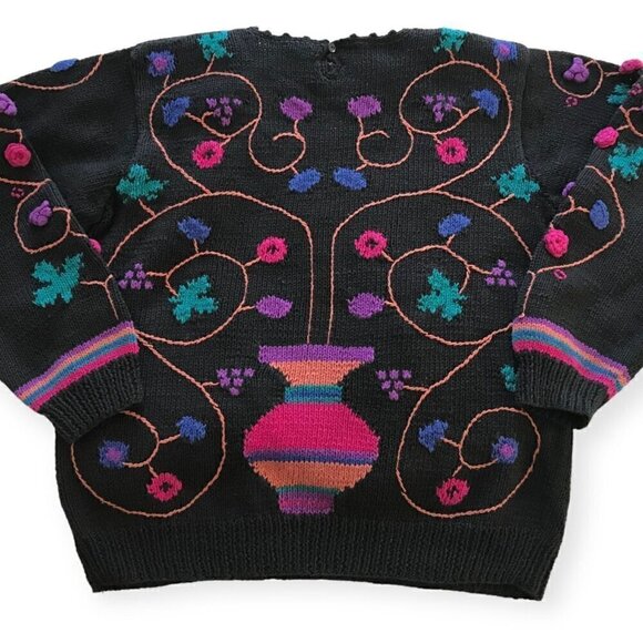 Vintage Needleworks hand knitted chunky cotton sweater, Flower Embroideries,  si - Picture 4 of 15